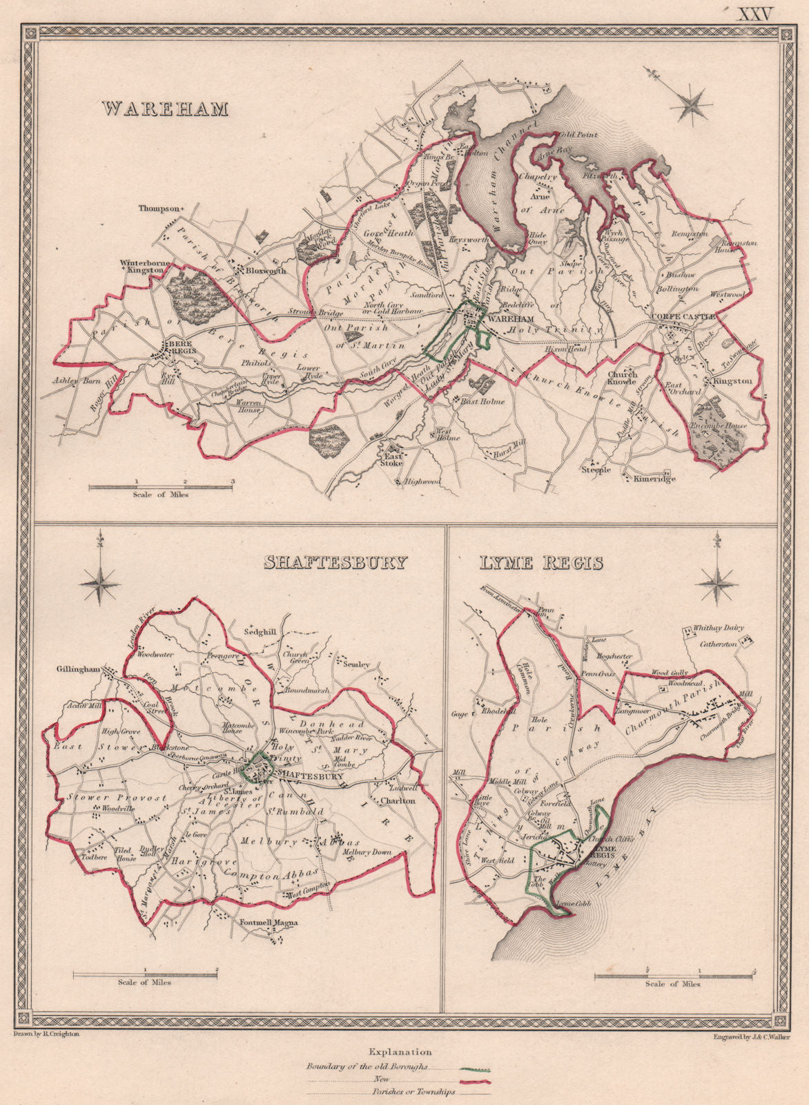 DORSET TOWNS. Wareham Shaftesbury Lyme Regis plans. CREIGHTON/WALKER 1835 map